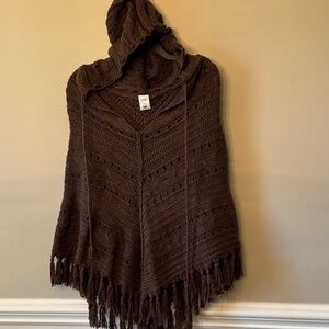 Old Navy Brown Hooded Knit Fringe Poncho